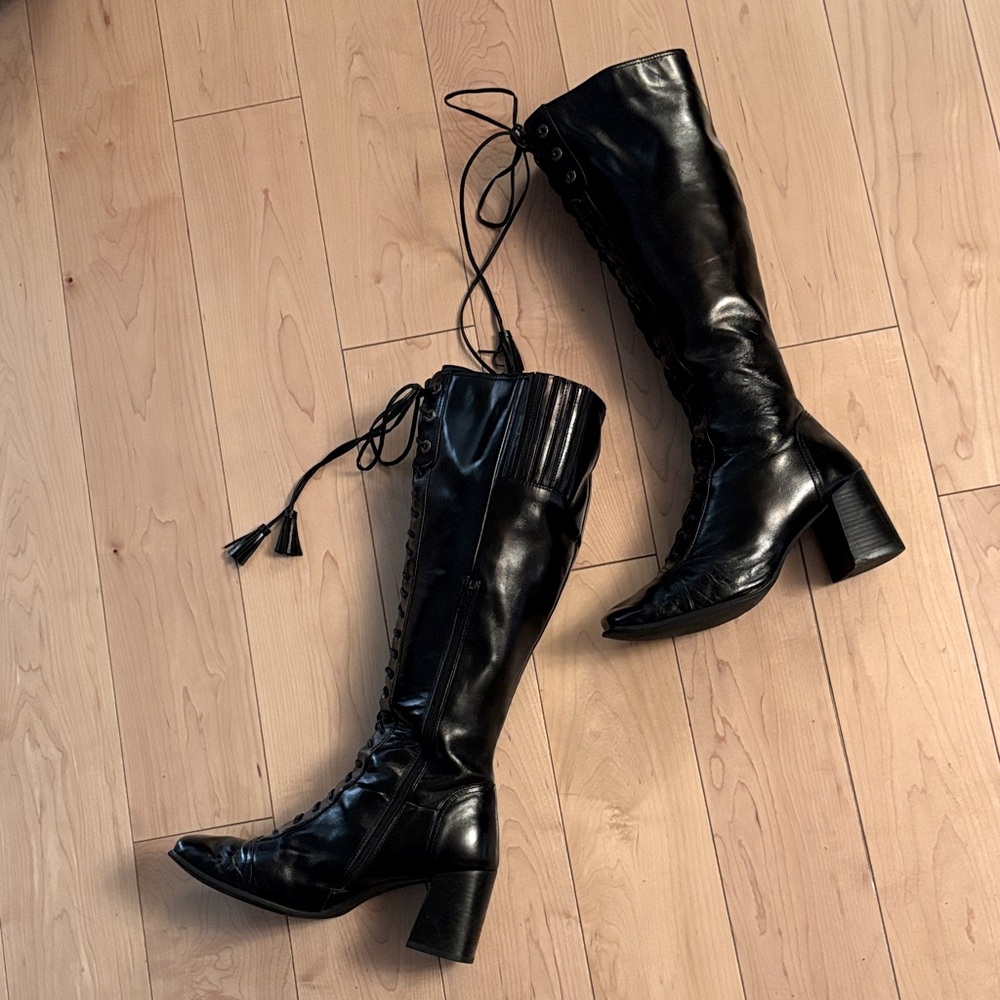 Jeffrey Campbell Black Lace Up Knee-High Boots